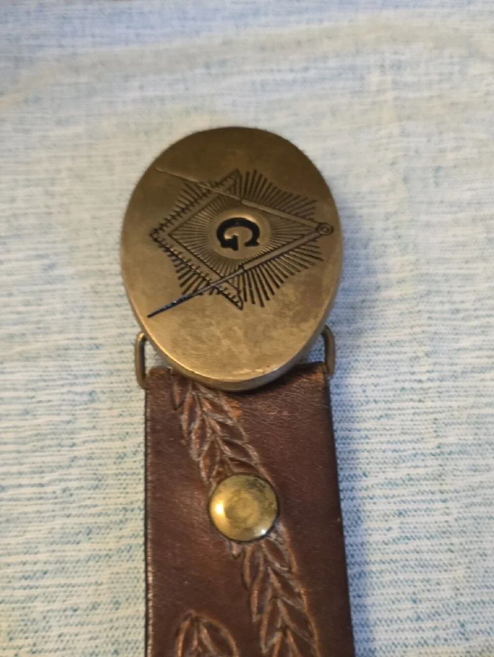 Vintage Brown Leather Belt with Brass Masonic Buckle Sportster